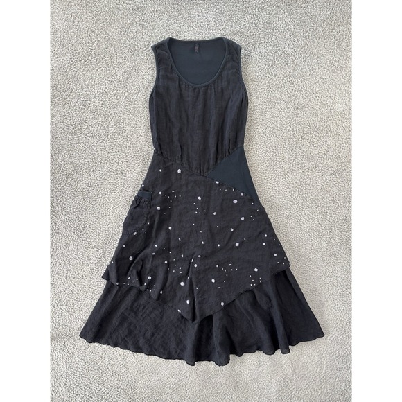 Inizio Magic Linen Tank Dress Womens L Black Splatter Sleeveless  Asymmetrical
